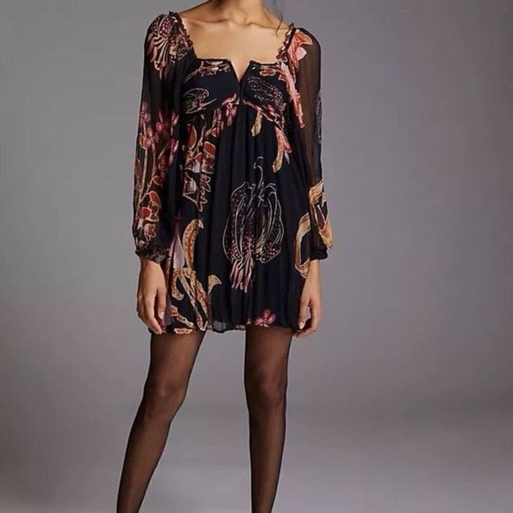 Anthropologie Let me Be Lined Babydoll Tie Back Black Floral Mini Dress XS